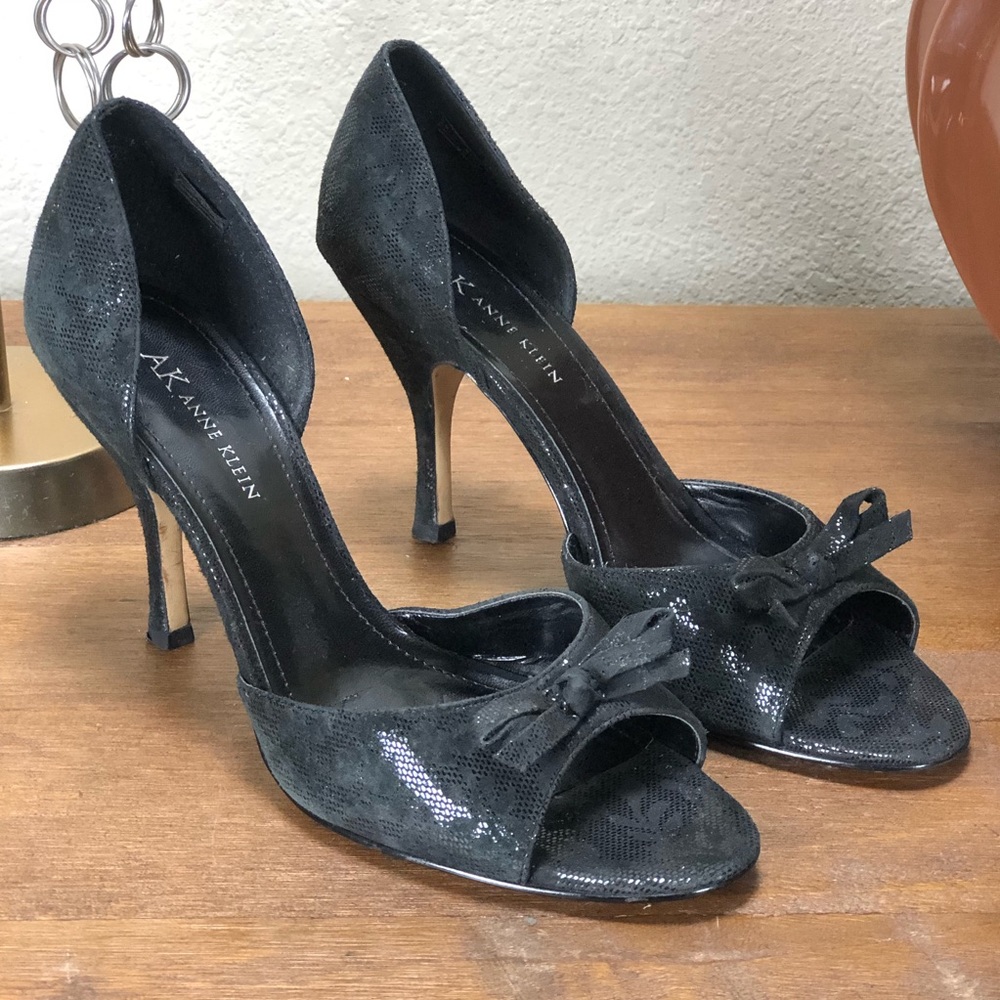 Anne Klein Black Leather Open Toe D’orsay Heels